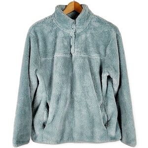 Eddie Bauer Sweatshirt Women Large Teal Fuzzy Plush Fleece 1/4 Snap Pullover 